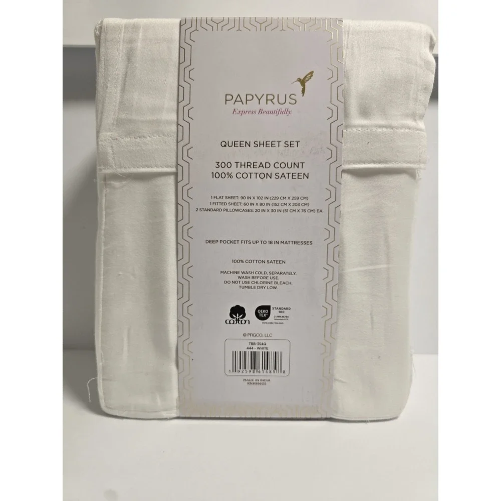 PAPYRUS   300 Thread Count 100%  Cotton Sateen Queen 4 Piece White Sheet Set‎